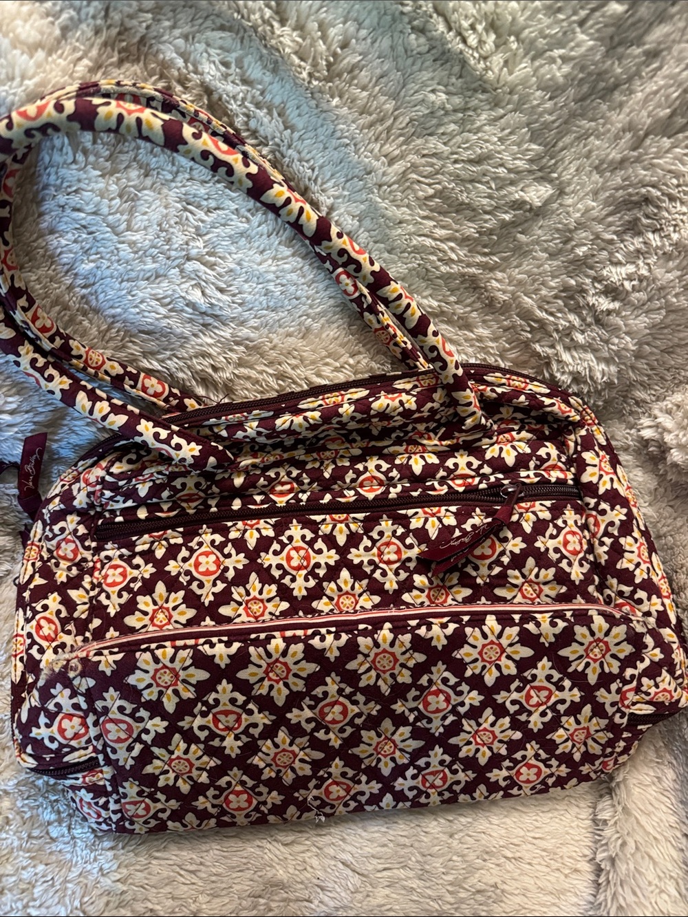 Vera Bradley Quilted Shoulder Bag in Burgundy with Cream & Orange Pattern